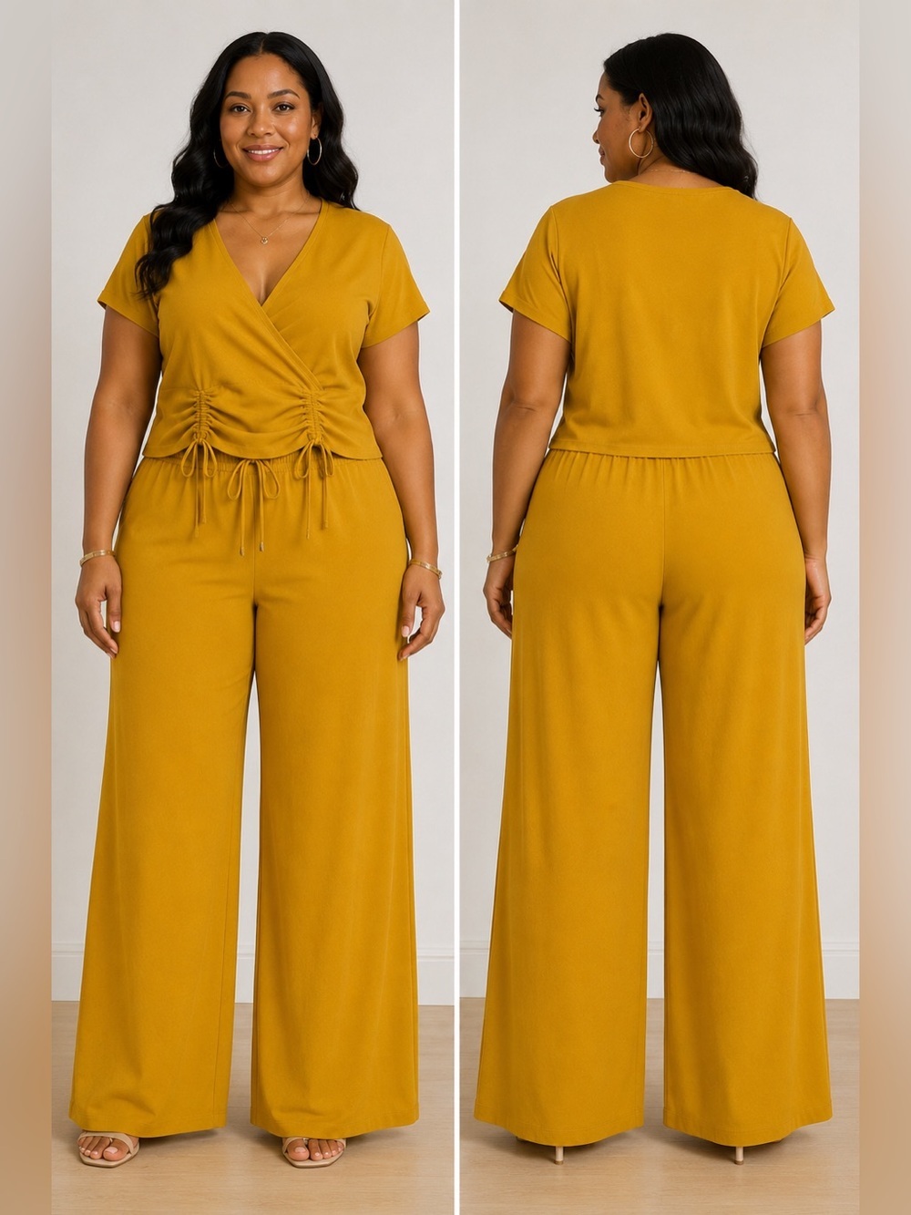 Mustard Yellow Minimalist Wide Leg Old Money Resort 2 Piece Set Suit Size 2XL